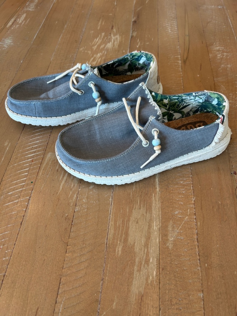 Hey Dude Blue and Beige Canvas Slip-Ons with Green Tropical Lining
